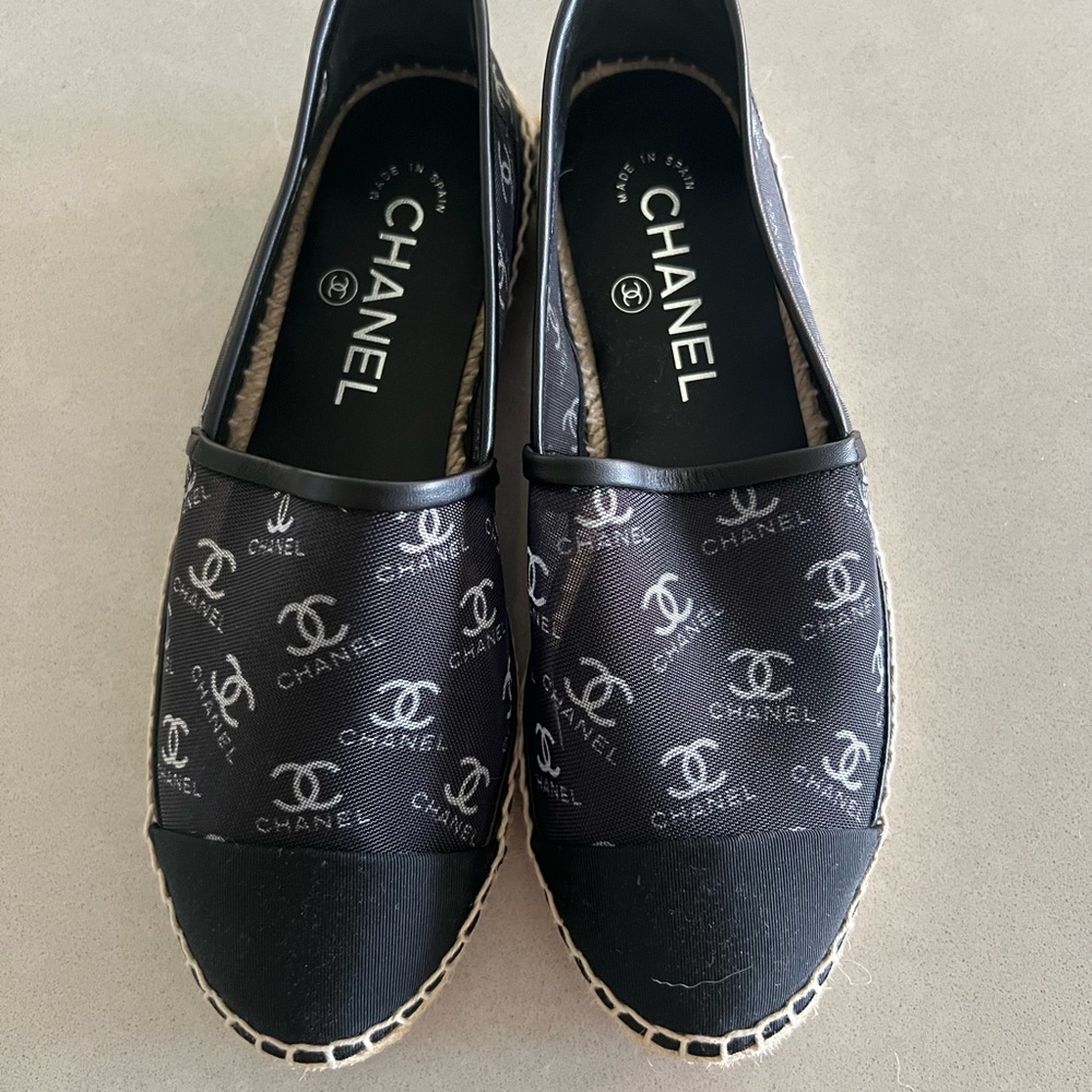 CHANEL Black and White Logo Espadrilles